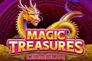 Logo for the game 'Magic Treasures Dragon' with a golden dragon and bold pink-yellow title on a treasure backdrop